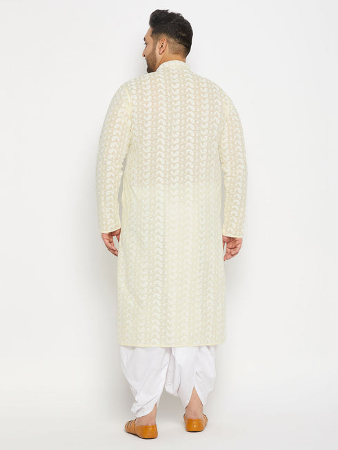 Vastramay Men's Plus Size Chikankari Embroidered Kurta And White Dhoti Set